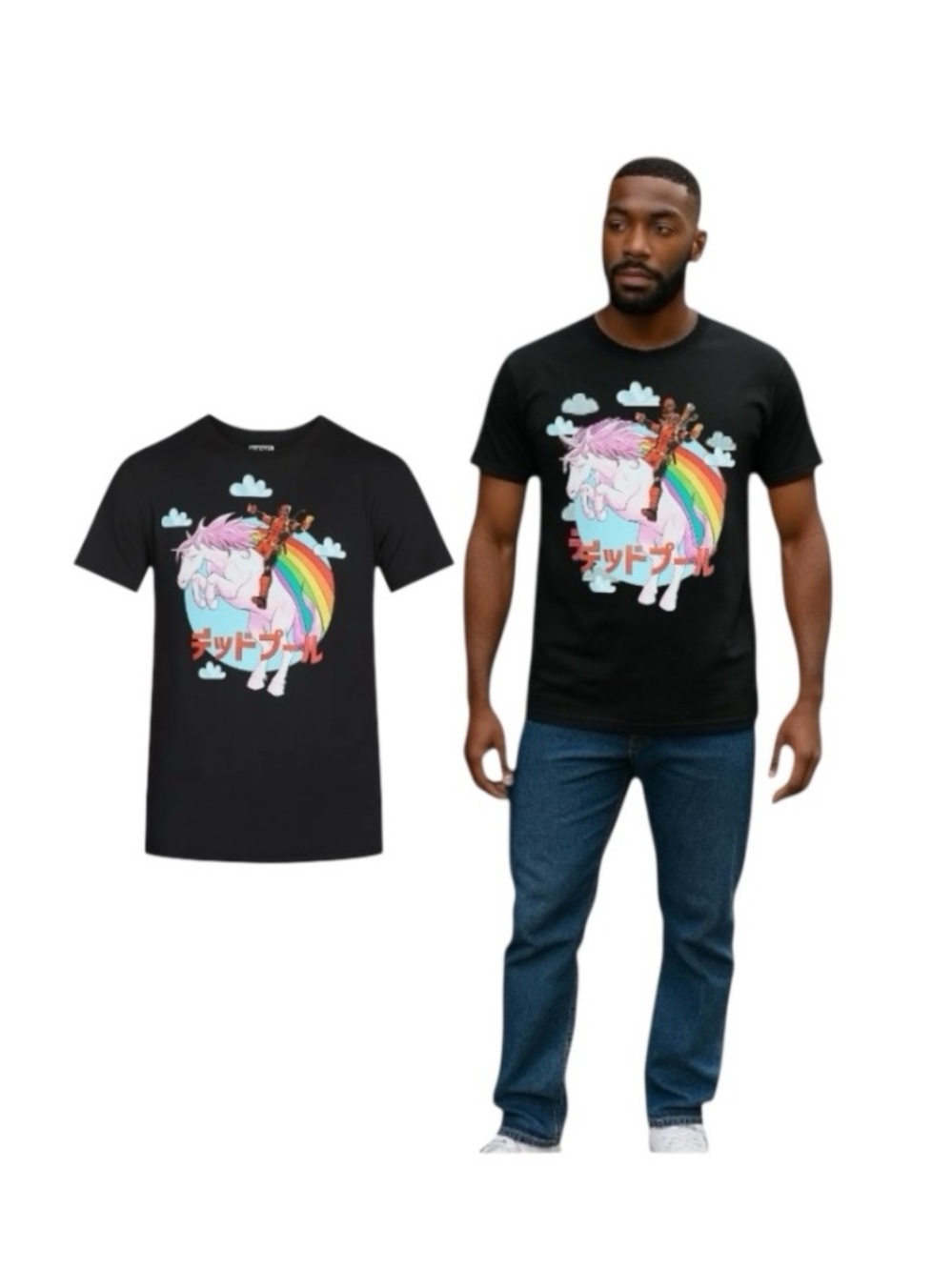 Marvel Deadpool Black T-Shirt with Colorful Rainbow Unicorn Design